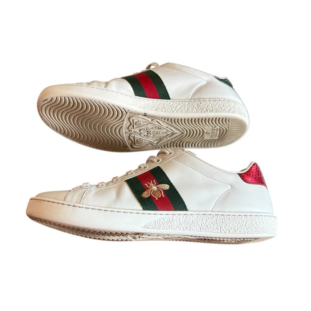 Gucci Ace White Leather Bee Embroidered Web Stripe Sneakers Low Top EU 38 US 8 - Picture 9 of 11